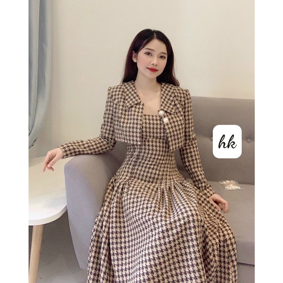 Set dạ váy kèm áo choàng croptop, Set váy nữ, Set dạ 2 dây, Set dạ, Chất vải loại 1 có kim tuyến - December Fashion | BigBuy360 - bigbuy360.vn