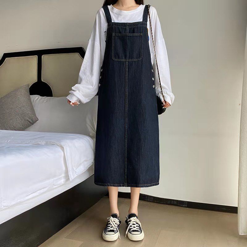 Đầm yếm denim SUXI dáng rộng phong cách Hàn Quốc thời trang mùa thu xinh xắn cho nữ