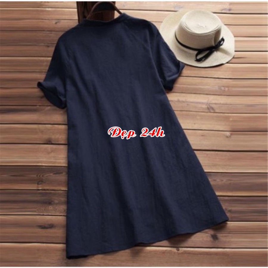 Sơ mi váy sang chảnh Đẹp 24 giờ áo kiểu nữ form dài rộng giấu quần chất liệu đũi Quảng Châu siêu xinh H.35