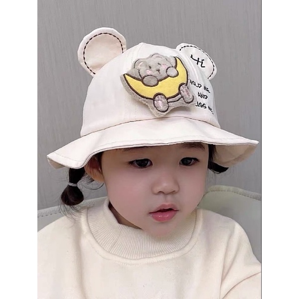 Mũ cho bé trai bé gái vành tròn thêu gấu mặt trăng tai nơ đáng yêu , phù hợp 4 tháng - 5 tuổi