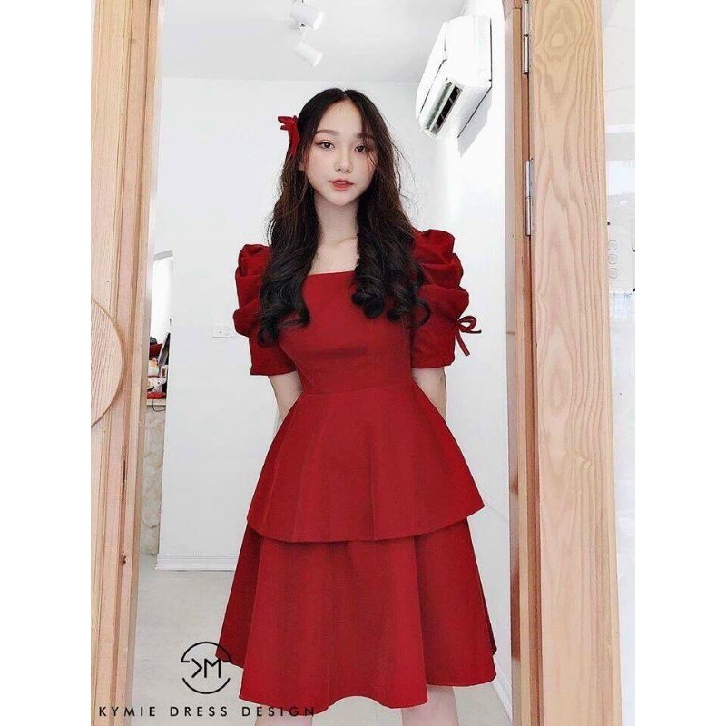 Đầm xòe hai tầng tay phồng kết nơ thanh lịch trẻ trung