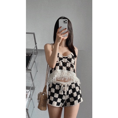 Set áo quần ren caro thêu đi biển hàng đẹp