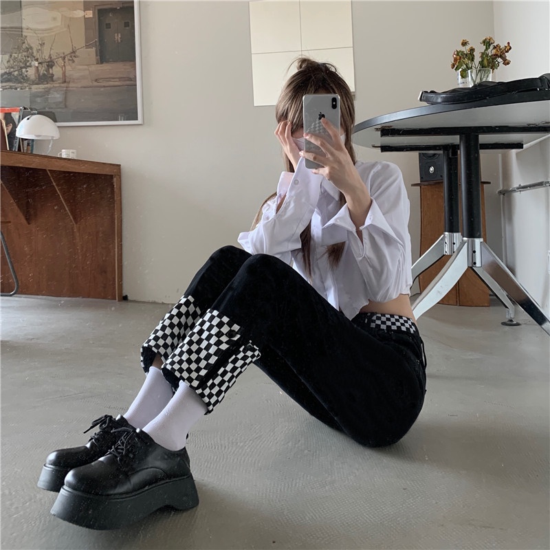 Quần jean ống đứng dáng rộng họa tiết sọc caro thời trang Hàn Quốc dễ phối đồ cho nữ | BigBuy360 - bigbuy360.vn