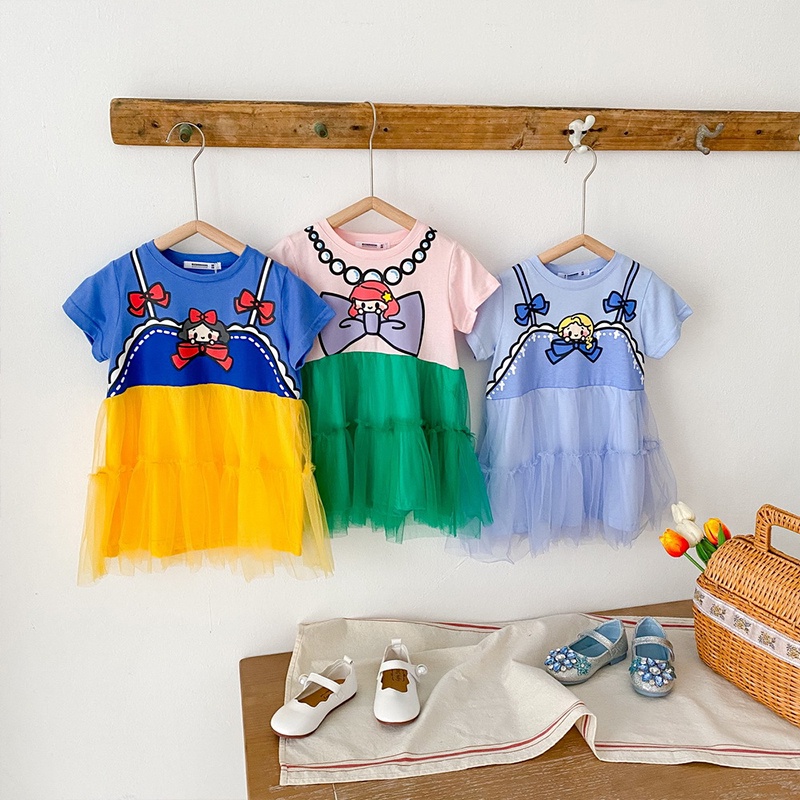 Đầm Công Chúa Ba Màu Phối Lưới Họa Tiết Hoạt Hình Đáng Yêu Cho Bé Gái