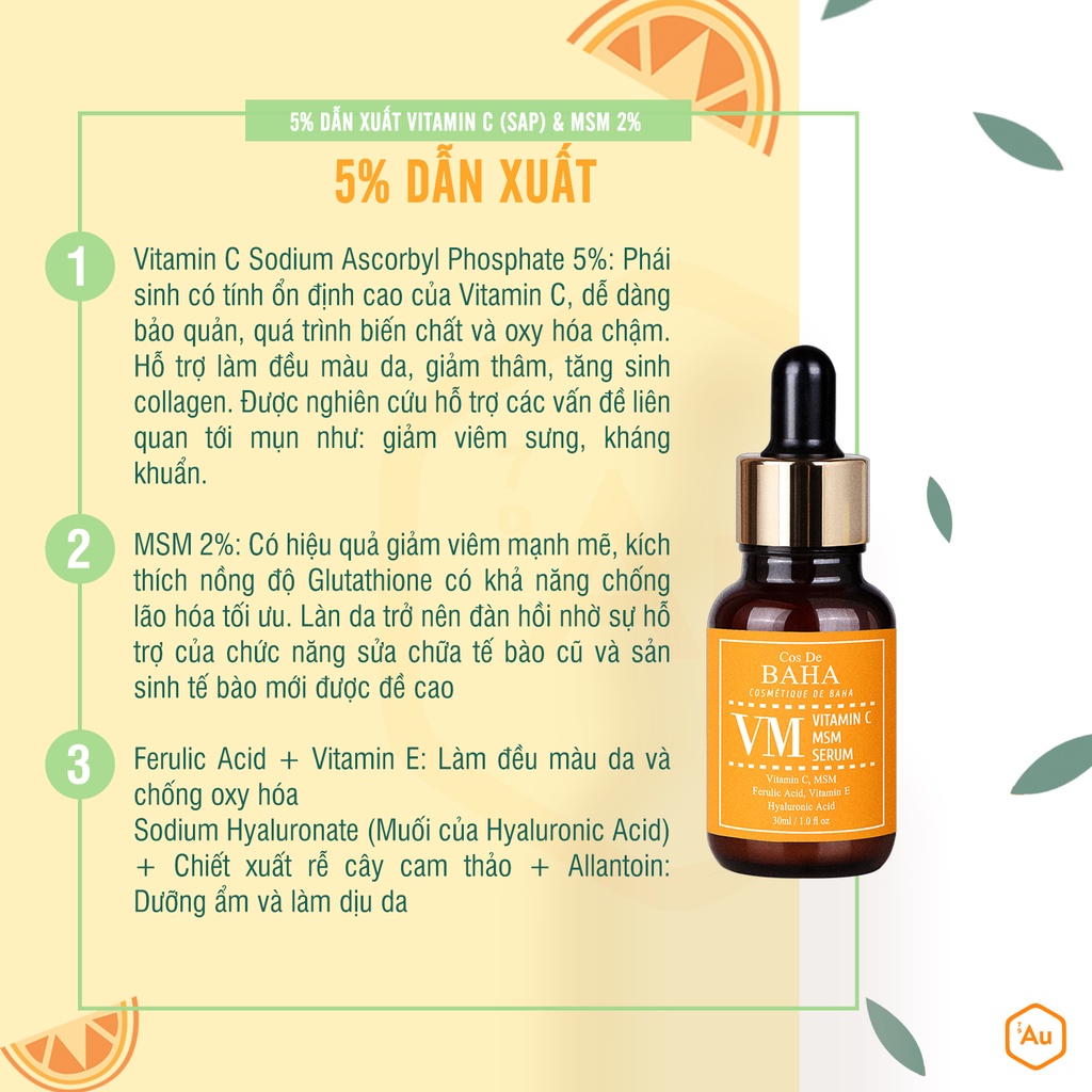 Cos De BAHA | Serum Dẫn Xuất Vitamin C (SAP) &amp; MSM - Hỗ Trợ Làm Đều Màu Da, Giảm Sưng Viêm &amp; Chống Oxy Hóa 30ML (VM)