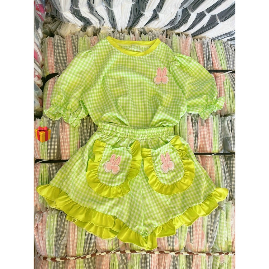 Set bộ đi chơi mặc nhà áo tay bồng cổ tròn quần đùi bí viền bèo caro xinh