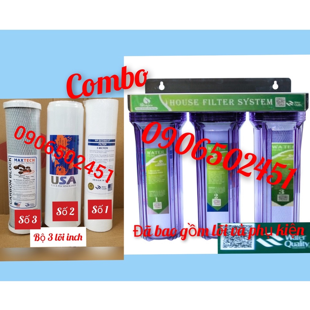 COMBO Bộ lọc nước sinh hoạt, bộ lopcj thô, lọc bể cá, lọc máy cafe 3 cấp 30C3  và Bộ 3 lõi lọc nước số 1 2 3  10INCH