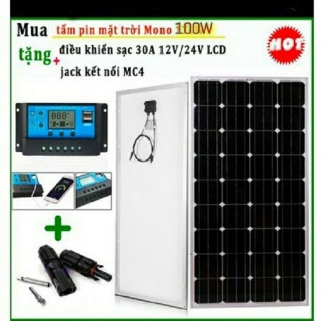 Tấm pin năng lượng mặt trời 100w kèm sạc và mc4