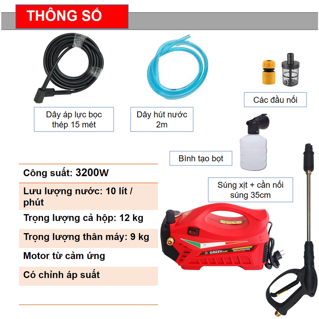 Máy Rửa Xe GreekMan 3200W không chổi than chống nước BẢO HÀNH 24 THÁNG