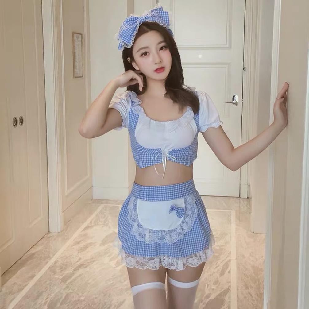 Đồ ngủ sexy bộ đồ cosplay hầu gái xanh kẻ caro tạp dề gợi cảm 4019 | BigBuy360 - bigbuy360.vn