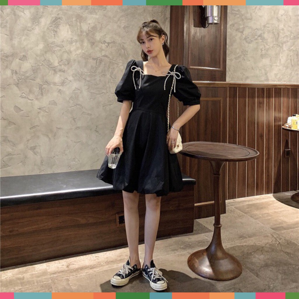 Đầm Nữ Ngắn Tay Bồng Nơ Cài Vai Hai Màu Siêu Xinh Nơ Vai ️🎶 Váy Nữ Dáng Xòe Cổ Vuông Đáng Yêu | BigBuy360 - bigbuy360.vn