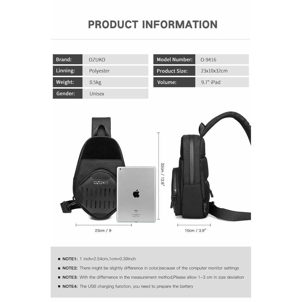 Ozuko Túi Đeo Chéo Ngực Có Cổng Sạc Usb Chống Thấm Nước Thời Trang Cho Nam
