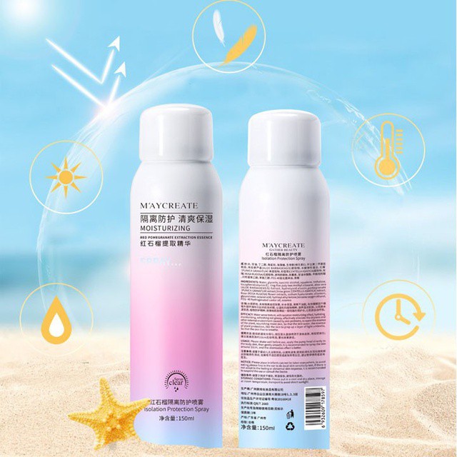 Kem Xịt Chống Nắng Dưỡng Trắng Da Maycreate Moisturizing Spray dung tích 150ml dạng xịt hàng nội địa trung, tiện dụng