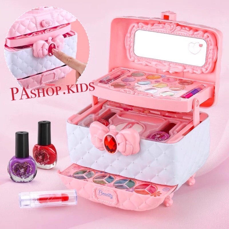 Đồ chơi trang điểm cho bé gái màu hồng cao cấp bộ đồ làm đẹp chất thật cho bé từ 3 tuổi