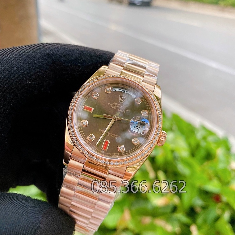 Đồng hồ nam Rolex đồng hồ cơ Automatic mẫu Classic 2 lịch nâu cafe viền đá size 40-41mm