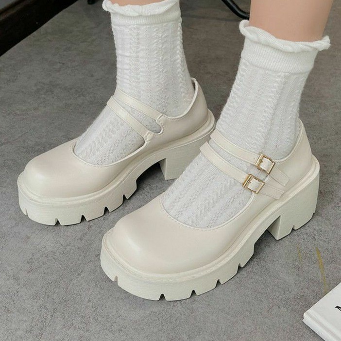 6:30PM Order Mã 028 Giày oxford ulzzang hot trend mũi tròn đế cao gót răng cưa 7cm quai ngang basic trắng kem cực xinh