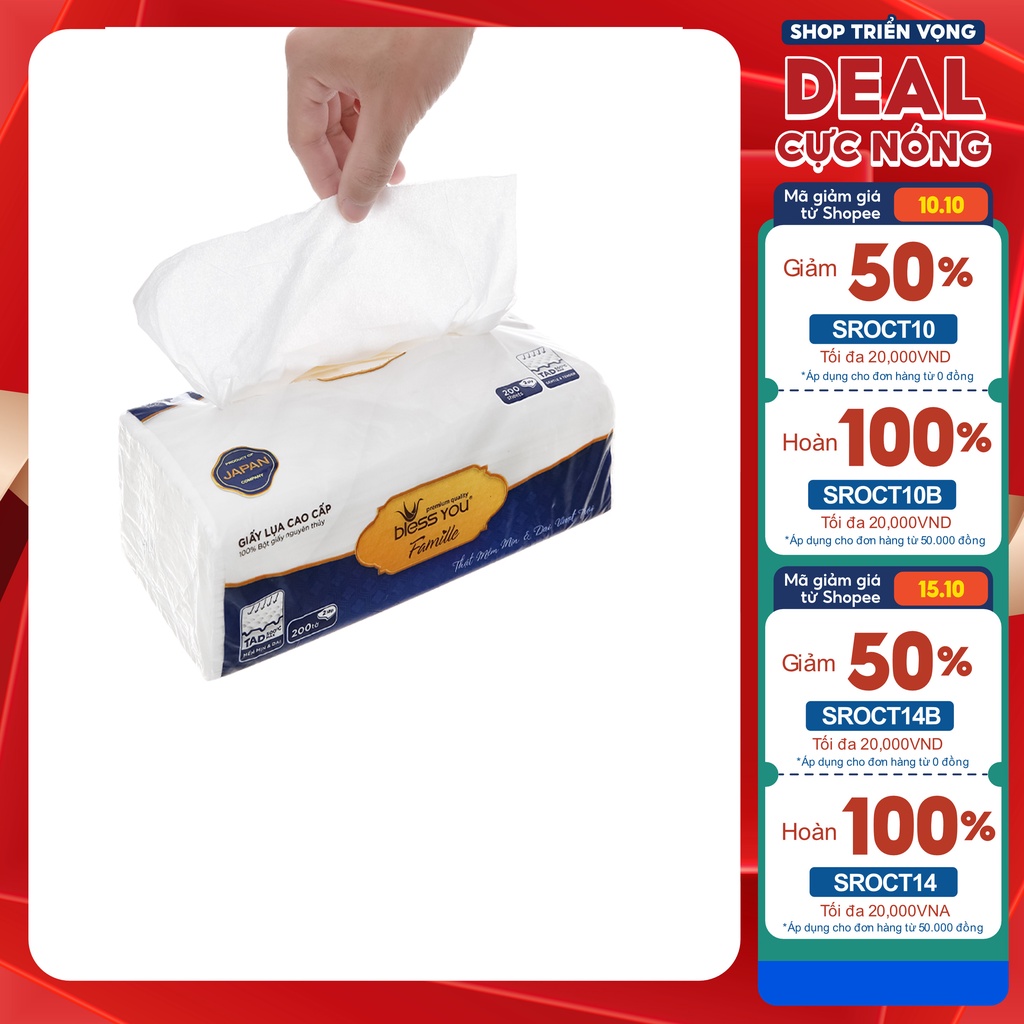Combo 8 gói khăn giấy lụa Bless You Famille cao cấp 200 tờ, mềm mịn dai tiện dụng