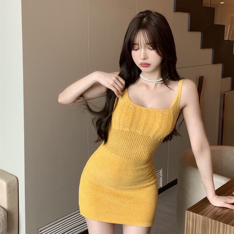 2022 new knitted suspender dress summer yellow sleeveless vest spicy skirt