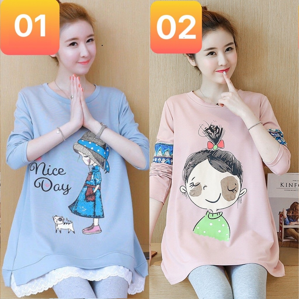 Áo bầu cotton dài tay, in hình cô gái, trẻ trung cá tính cho mẹ bầu mặc nhà đi chơi