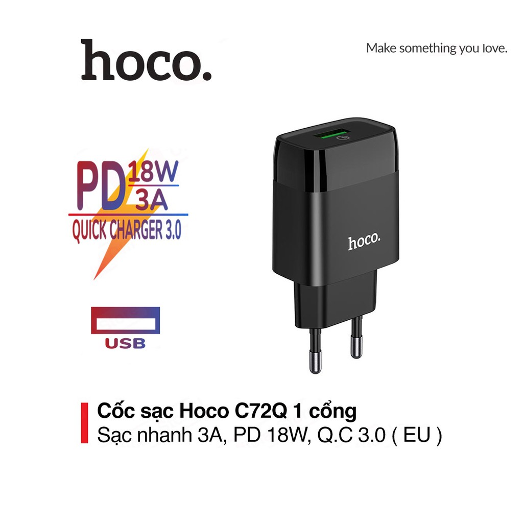 Củ sạc nhanh PD18W Hoco C72Q chuôi tròn chất liệu PC chống cháy hỗ trợ QC3.0