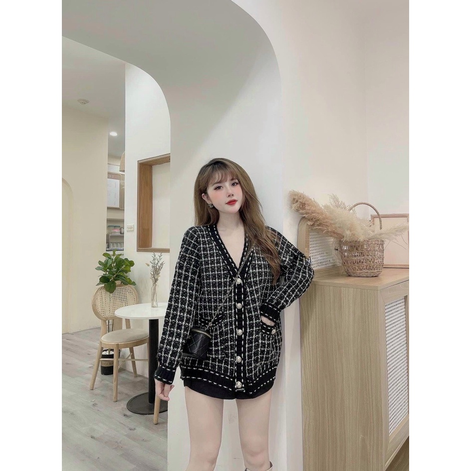 Áo cardigan len kẻ ô