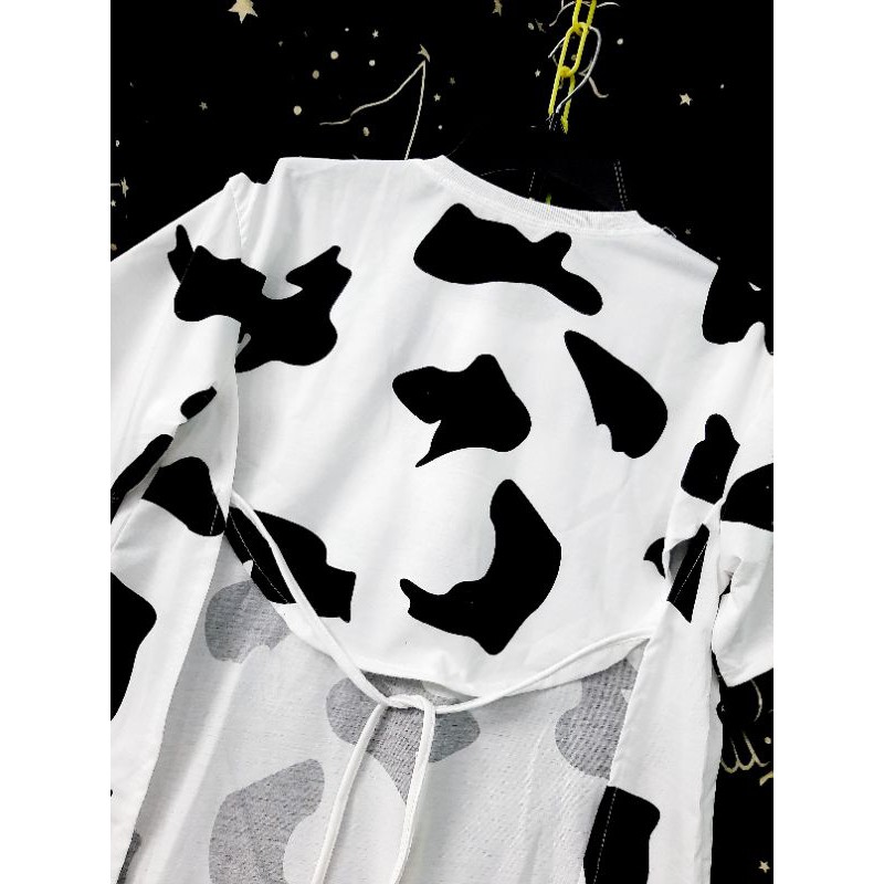 Áo thun kiểu nơ lưng họa tiết bò sữa freesize