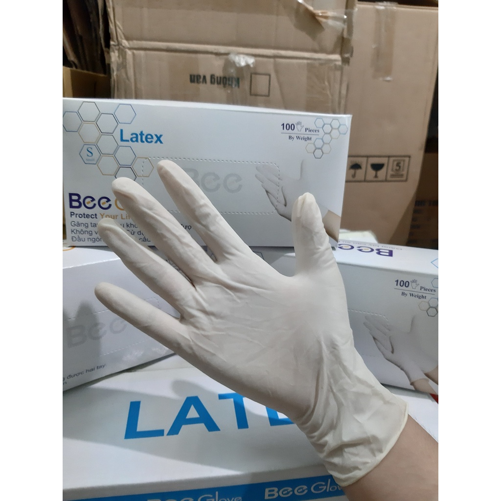 Hộp 50 đôi (100 chiếc) Găng tay cao su y tế BEE GLOVE Latex , không bột chính hãng Có Bột Màu Kem 6.0gr - Size S,M,L