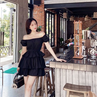 Váy trễ vai đầm xòe xếp tầng đen - Kixi Dress
