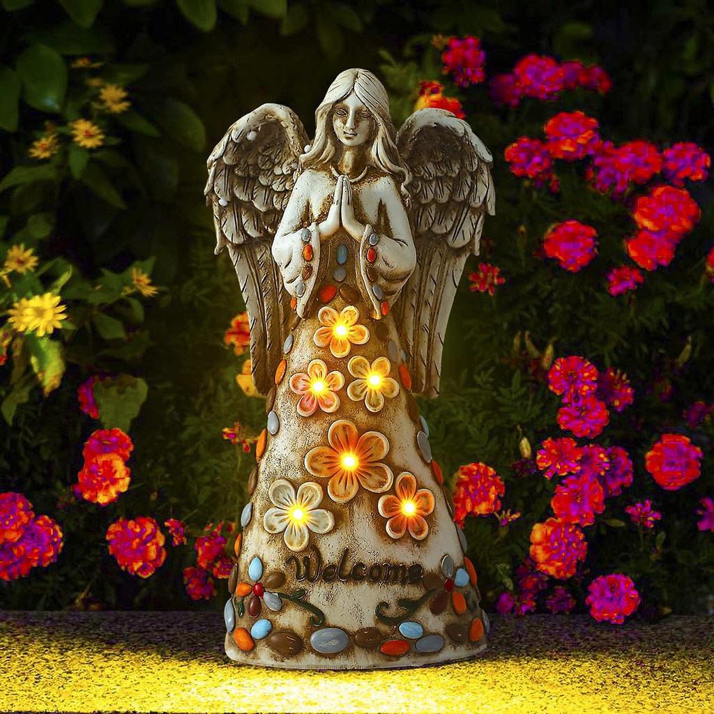 LUCKY Resin Solar Powerded Angel Garden Statue White Lights Figurine Outdoor Decor Yard/Lawn/Patio With 6 Warm LEDs Sculpture Memorial Gifts Porch Decoration