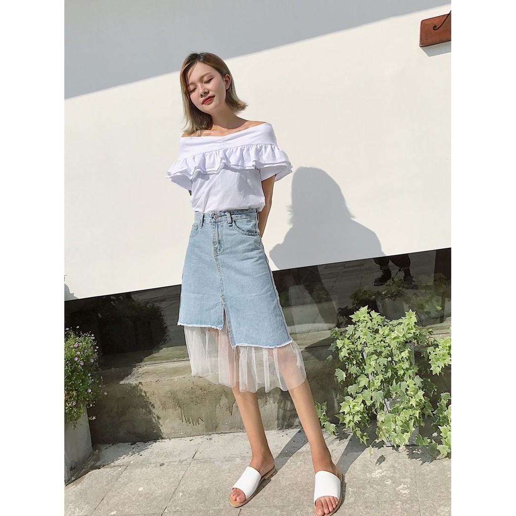 Chân váy jean ren dài