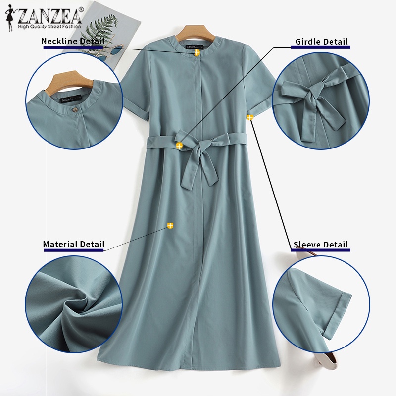 Đầm dài ZANZEA cổ tròn tay ngắn màu trơn phối túi thời trang tùy chọn màu sắc cho nữ