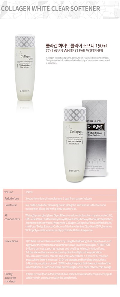 Nước hoa hồng dưỡng trắng da Collagen 3W CLINIC COLLAGEN WHITE CLEAR SOFTENER