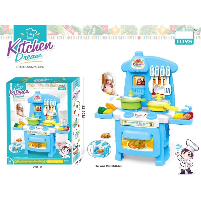 Bộ đô chơi nấu ăn cho bé gái trai nhập vai làm đầu bêp, kèm theo xe đẩy siêu thị