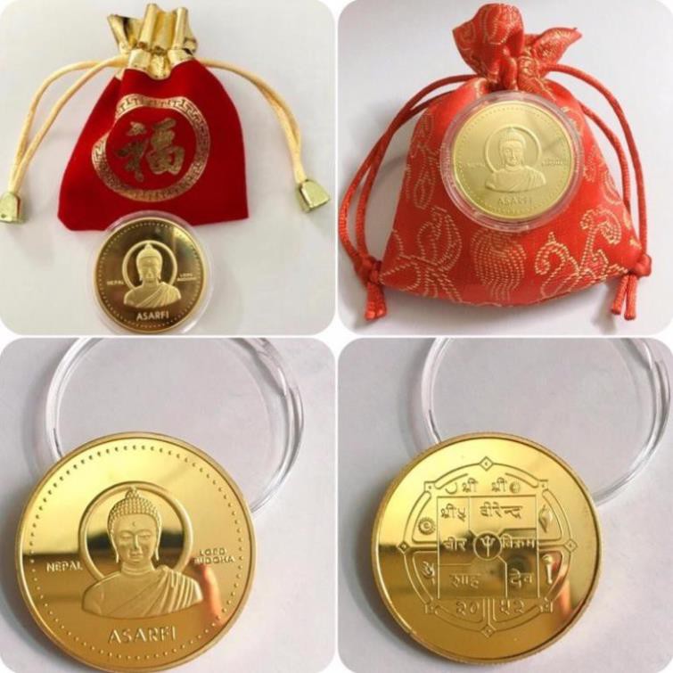 Combo 5 Xu Hình Đức Phật Thích Ca Phong Thủy May Mắn tặng kèm túi gấm đỏ.