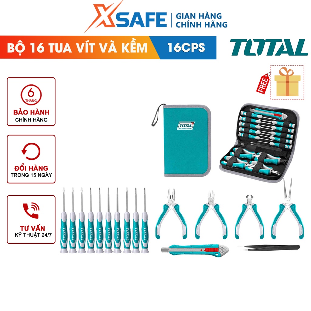 Bộ 16 tua vít và kìm chuẩn TOTAL TKTTSK0162, bộ dụng cụ gồm 10 tua vít, 4 kìm mini, 1 dao rọc giấy và 1 nhíp kẹp 125mm