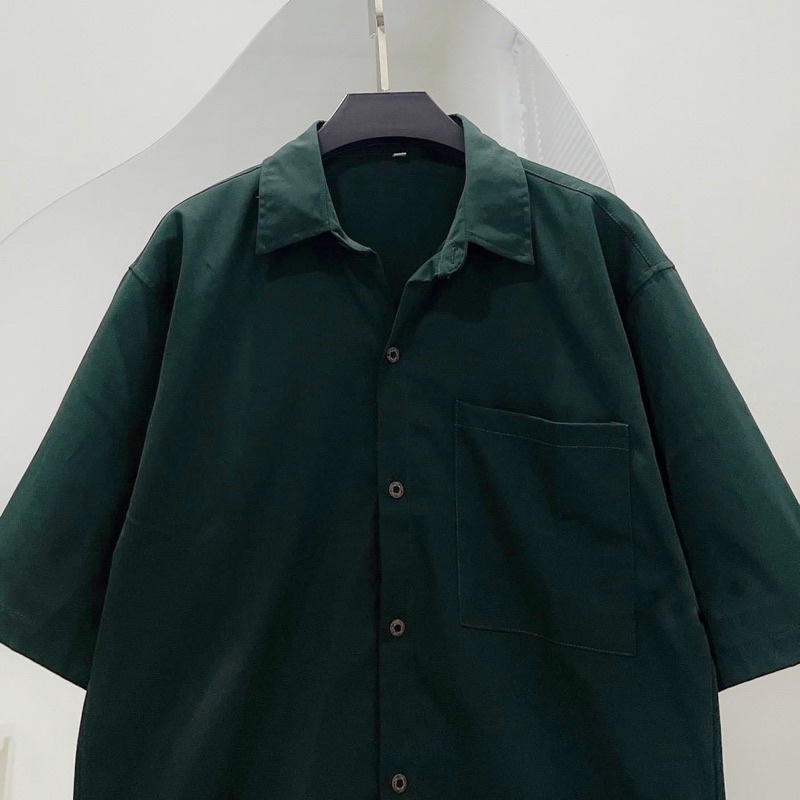 [sẵn] Áo Sơ Mi Nam Nữ Tay Ngắn Form Rộng Xanh Két BASIC PQK