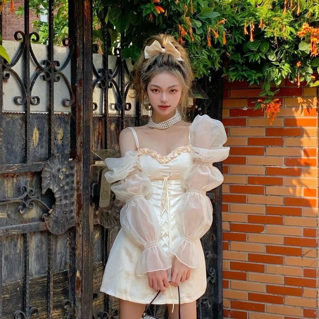 Cổ Phiếu Sẵn Sàng❣Ah F &amp; X Đầm Ống Tay Phồng Xuyên Thấu Dáng Ôm Phối Dây Buộc Thời Trang Mùa Hè Quyến Rũ 2022 Dành Cho Bạn Nữ