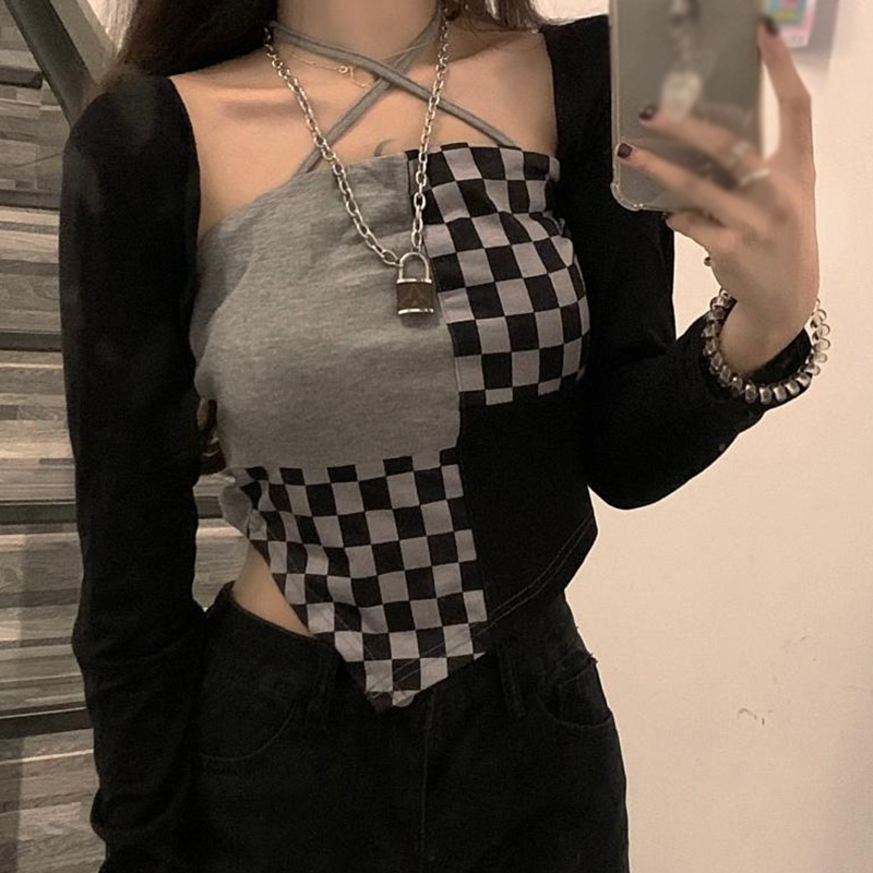 Áo croptop dệt kim không tay dáng ôm in họa tiết caro thời trang cho nữ