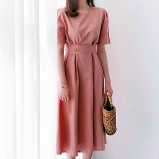Đầm hồng ruốc cổ tròn thắt nơ (kèm hình thật)
