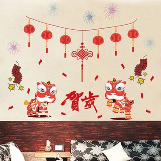 decal dán tường múa lân ngày tết chúc mừng năm mới