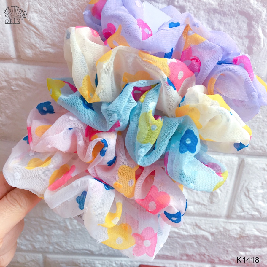 Dây buộc tóc, cột tóc vải scrunchies voan hoa mai thời trang cao cấp Orin K1418