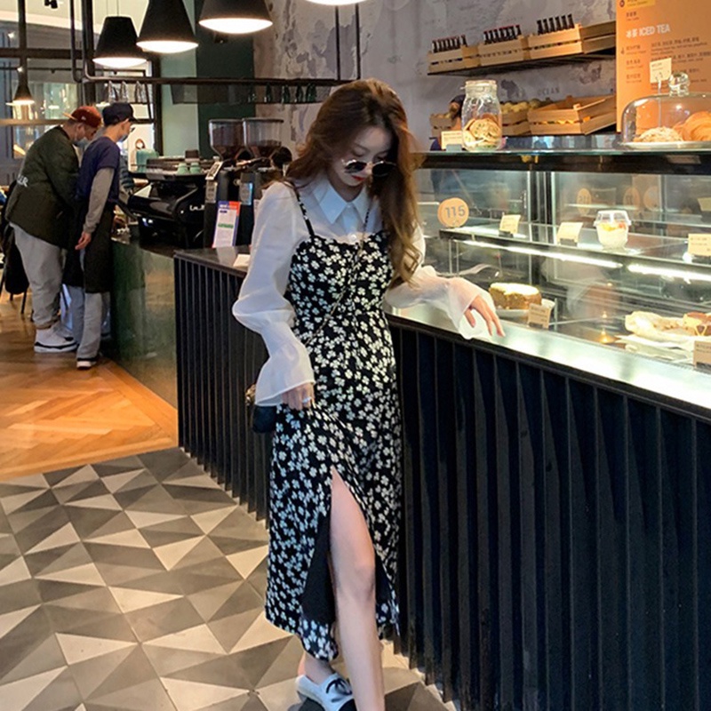 Đầm IELGY hai dây vải chiffon ôm dáng vừa vặn họa tiết hoa thiết kế xẻ tà phong cách Pháp thời trang