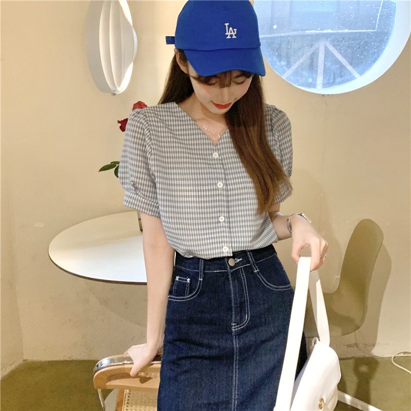 Áo sơ mi nữ ngắn tay cổ tim chữ V phong cách ulzzang Hàn Quốc S190