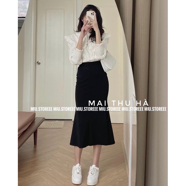 SET ÁO SƠ MI CỔ BÈO CHUN TAY KÈM CHÂN VÁY ĐUÔI CÁ ASMVDC