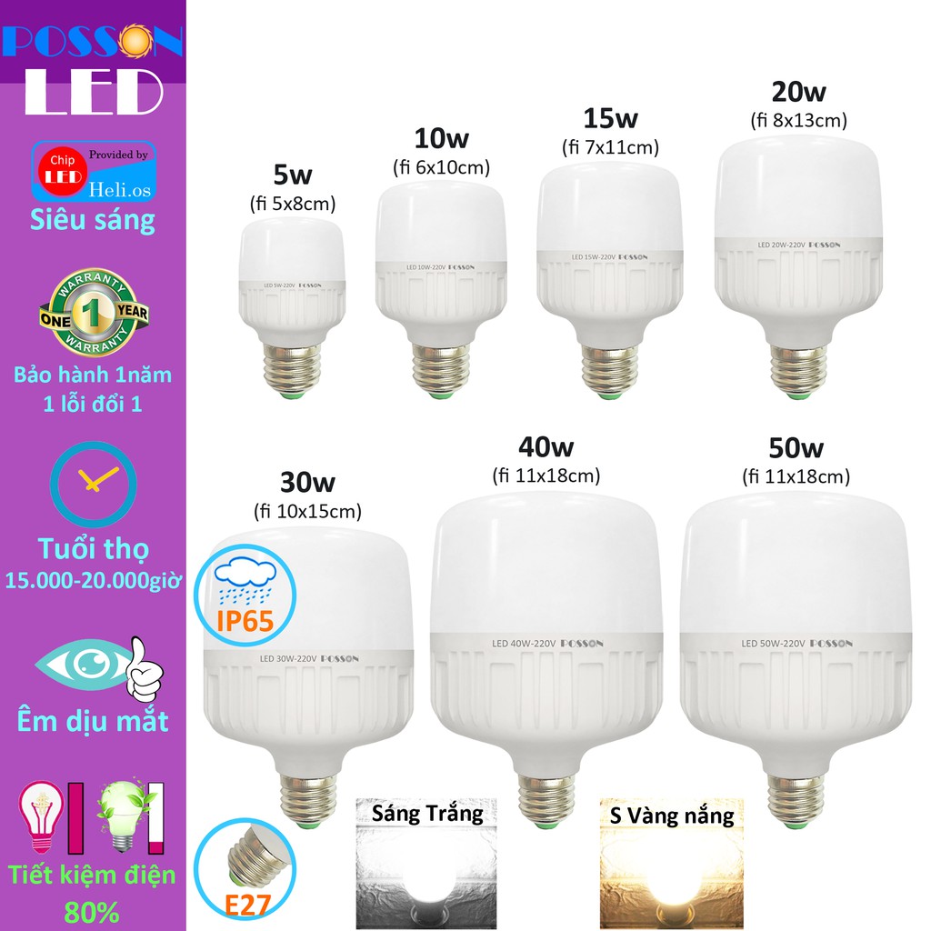 Bóng đèn Led trụ 5w 10w 15w 20w 30w 40w 50w bup trụ bulb siêu sáng tiết kiệm điện kín nước Posson LC-H5-50x