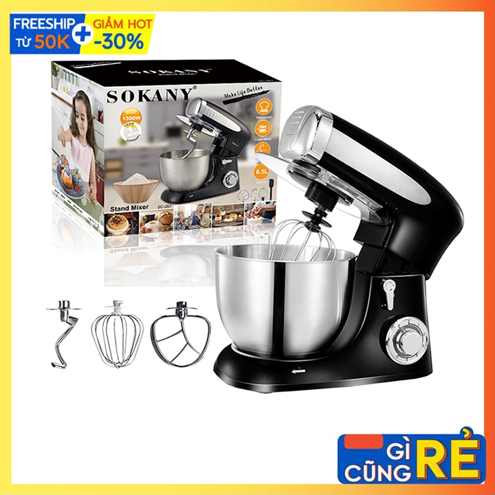 Máy nhào bột 6.5L SOKANY SC-267 - máy trộn bột, đánh trứng, trộn salad- thố inox 100%