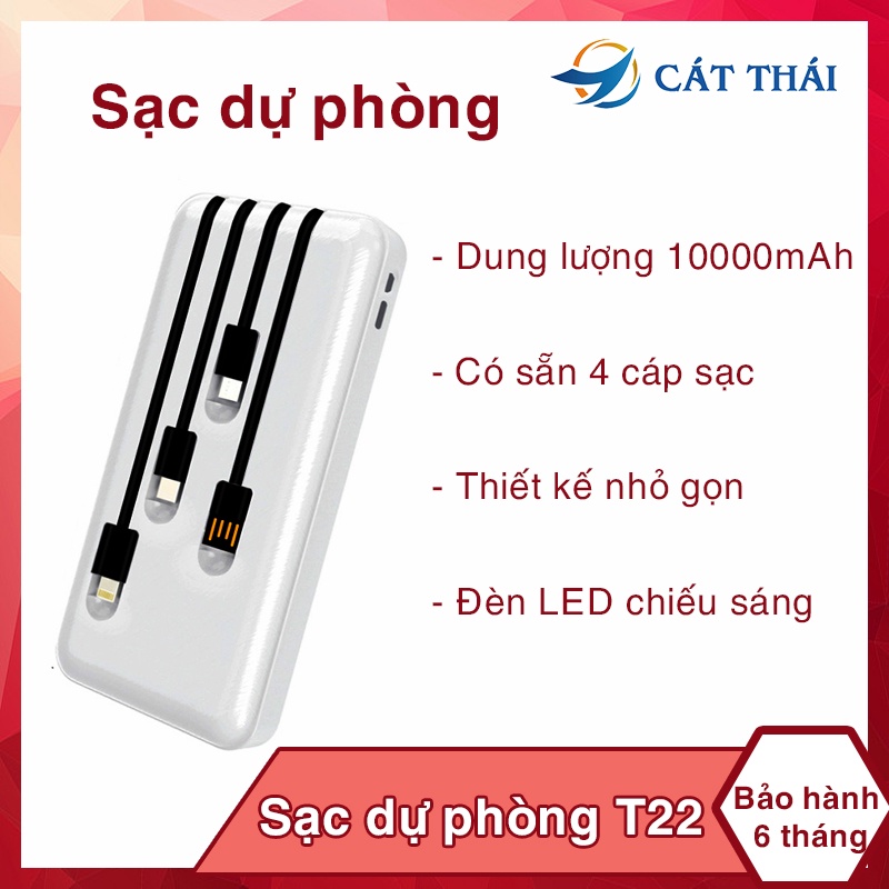 Sạc dự phòng 10000mAh T22 2.1A Sạc Nhanh tích hợp sẵn 4 cáp sạc cáp sạc Cáp sạc Type C Micro usb