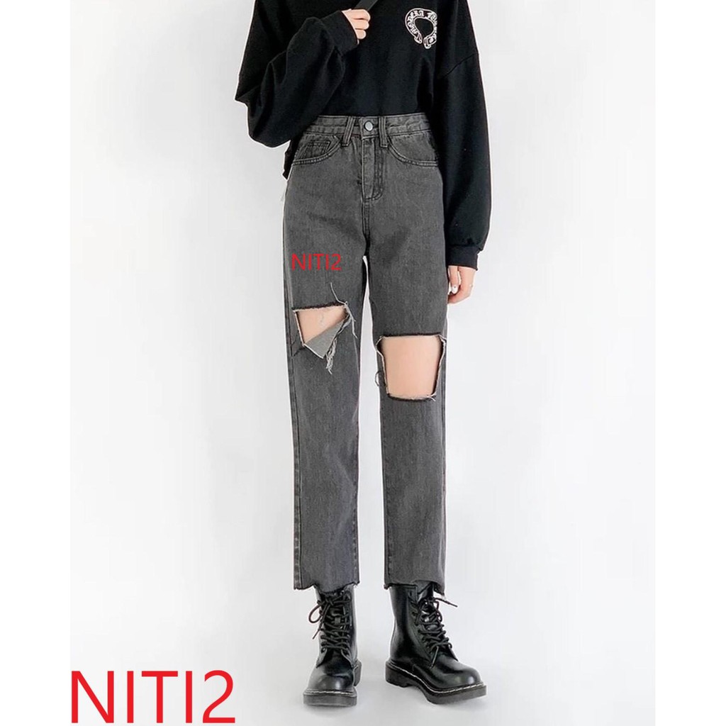 [ HÌNH THẬT XỊN XÒ!!! ] QUẦN BAGGY JEAN NỮ CAO CẤP NITI LƯNG SIÊU CAO MÀU XÁM PHỐI RÁCH VẠT PHẢI VUÔNG TRÁI CỰC CÁ TÍNH