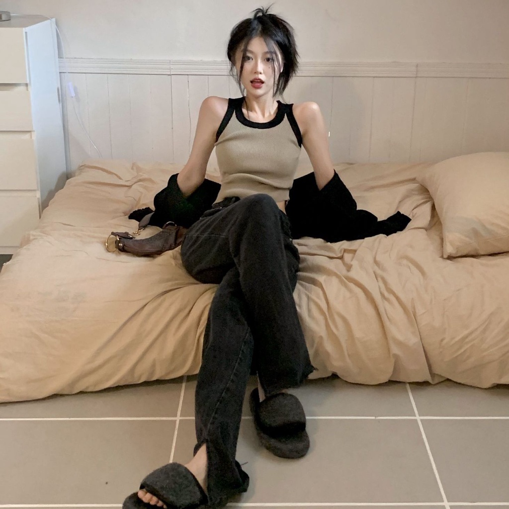 Set Áo Hai Dây Và Áo Khoác Len Dáng Ôm Thời Trang Mùa Thu Cho Nữ