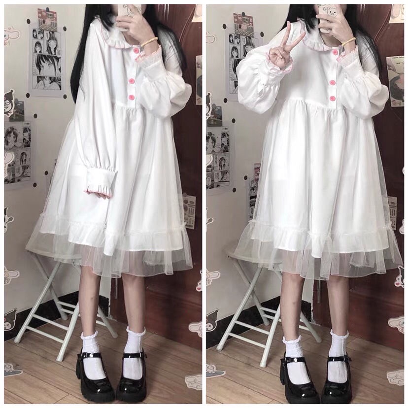 (Có Sẵn) Đầm lolita dài tay phối ren siêu xinh xắn (Kèm Ảnh Thật)